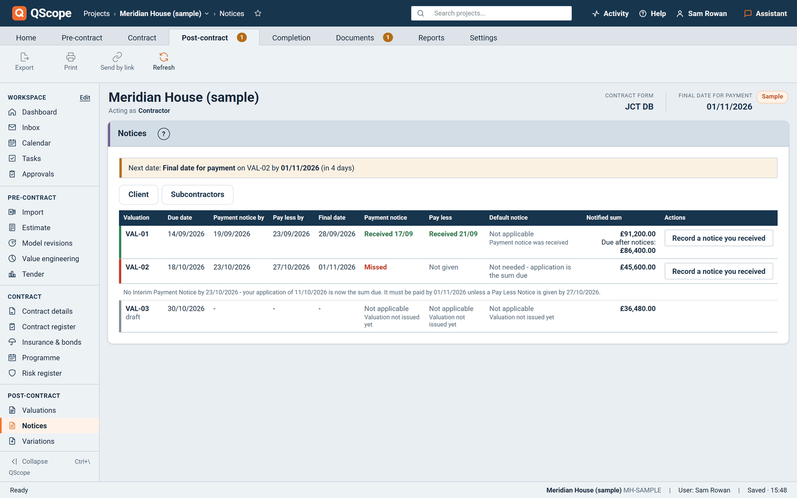 Terminy Payment Notice, Pay Less Notice i final date for payment dla każdej waluacji w programie QScope